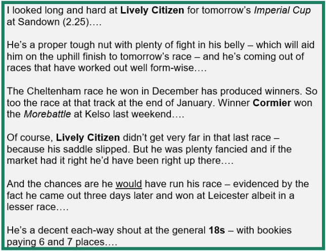 Against the Crowd Example - Lively Citizen - Imperial Cup at Sandown