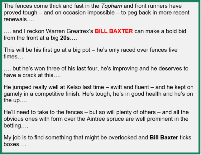 Against the Crowd Example - Bill Baxter - Topham Chase at Aintree