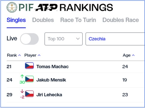 Top 3 Czech male players in the official ATP rankings: