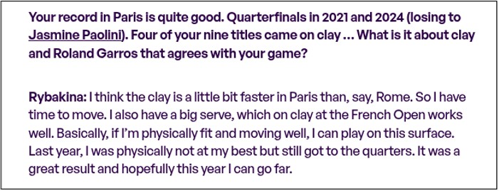 Rybakina interview before French Open