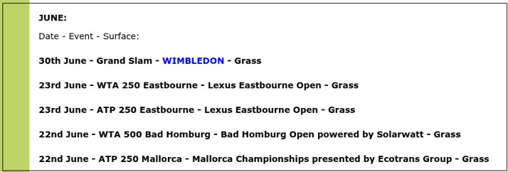 June tennis events list on grass courts.