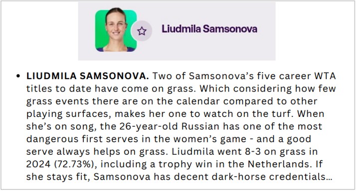 Profile summary of tennis player Liudmila Samsonova.