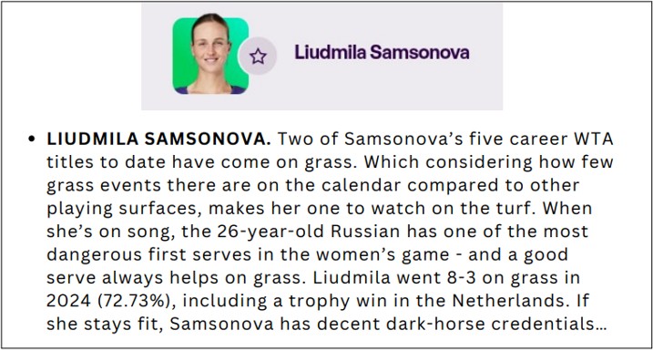 Profile highlighting Liudmila Samsonova's grass court skills.
