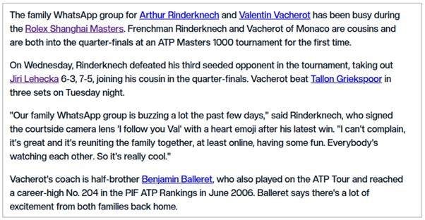 ATP Tour Article on Valentin Vacherot and Arthur Rinderknech